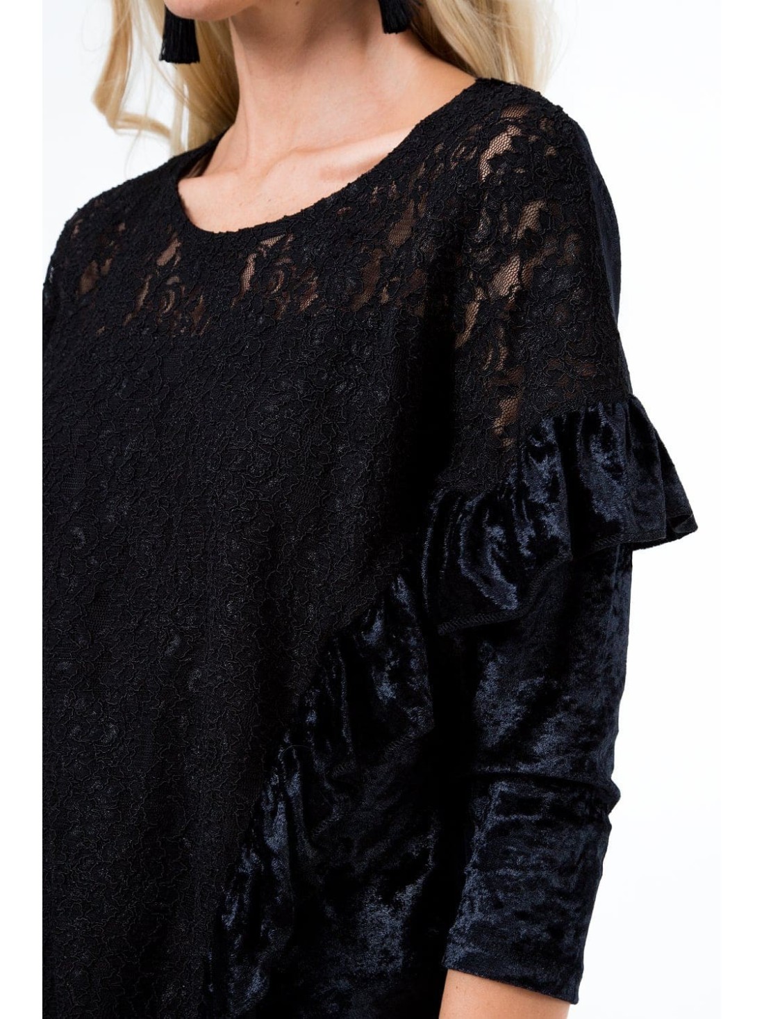 Blouse with lace made of crushed velor, black MP28514 - Online store - Boutique